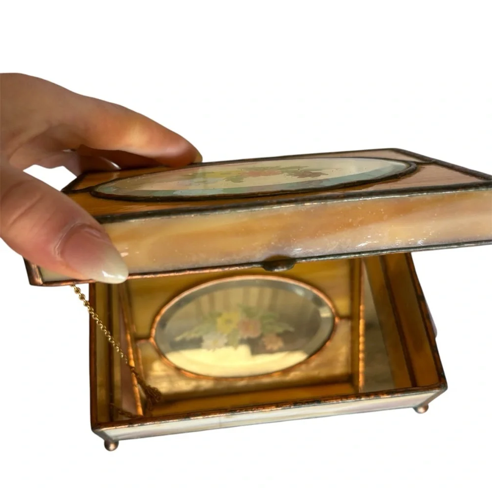 Vintage Stained Glass Jewelry Box with Mirror and Hand Painted Flowers